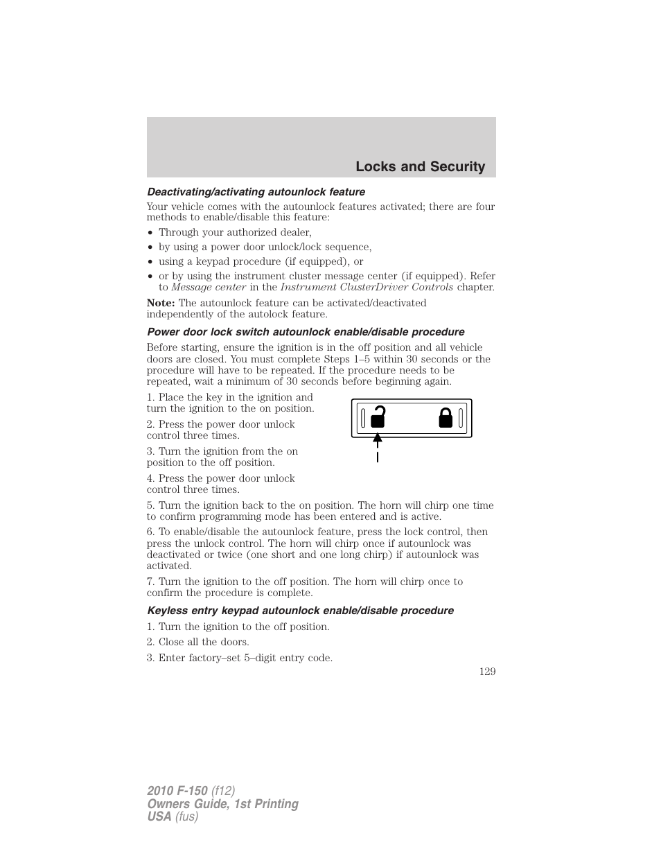 Deactivating/activating autounlock feature, Locks and security | FORD 2010 F-150 v.1 User Manual | Page 129 / 419
