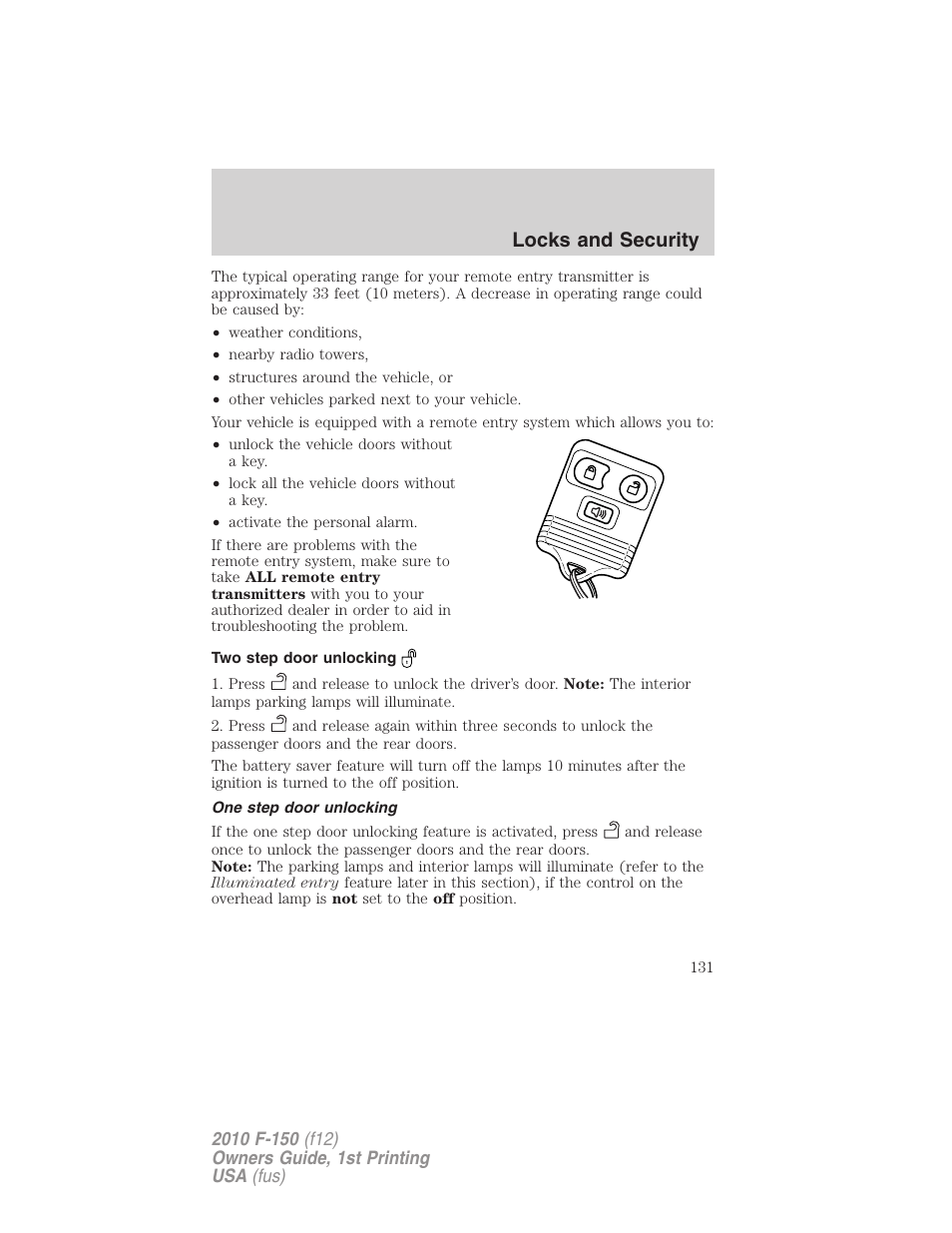 Two step door unlocking, One step door unlocking, Locks and security | FORD 2010 F-150 v.1 User Manual | Page 131 / 419
