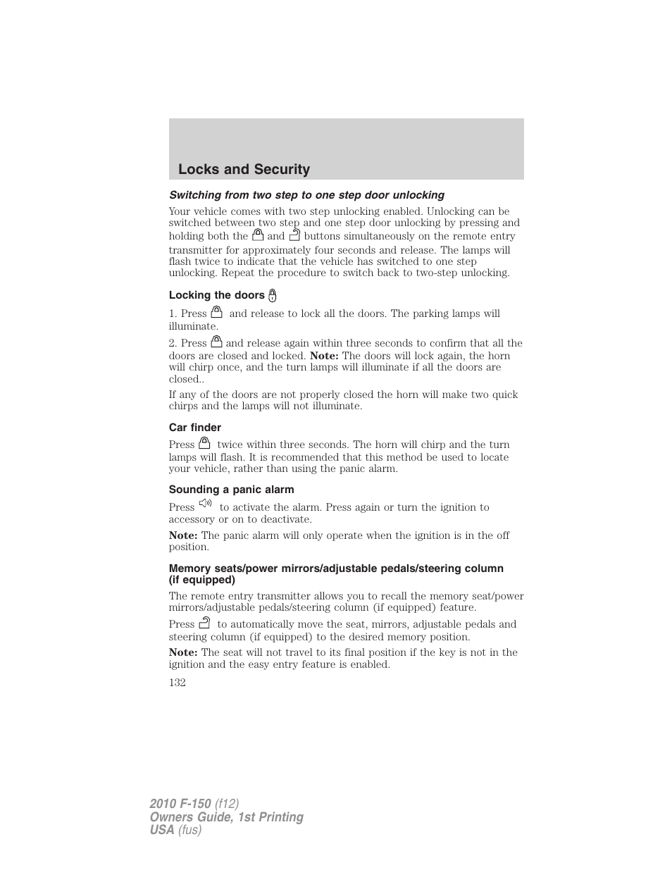 Switching from two step to one step door unlocking, Locking the doors, Car finder | Sounding a panic alarm, Locks and security | FORD 2010 F-150 v.1 User Manual | Page 132 / 419