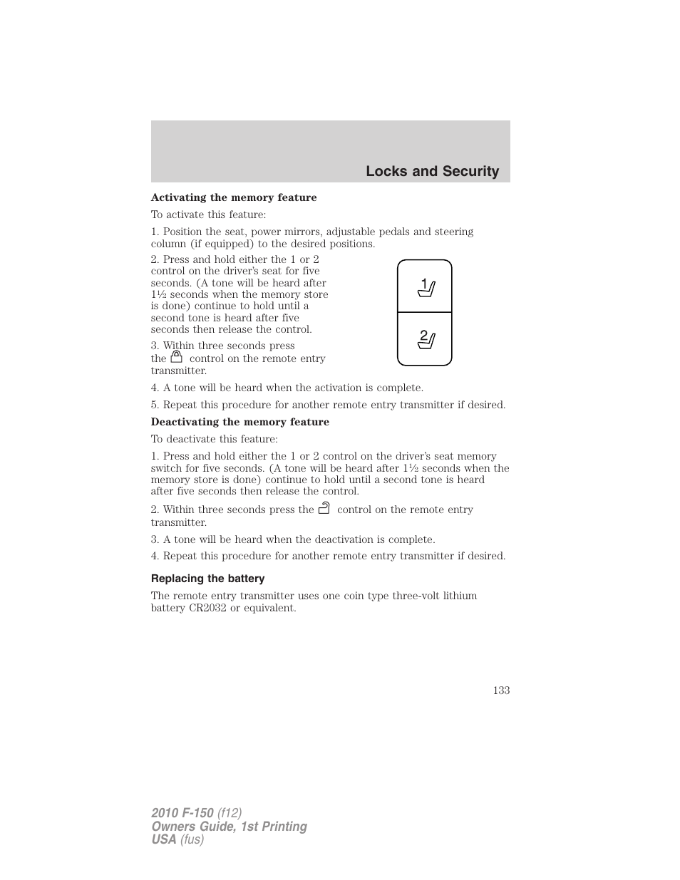 Replacing the battery, Locks and security | FORD 2010 F-150 v.1 User Manual | Page 133 / 419