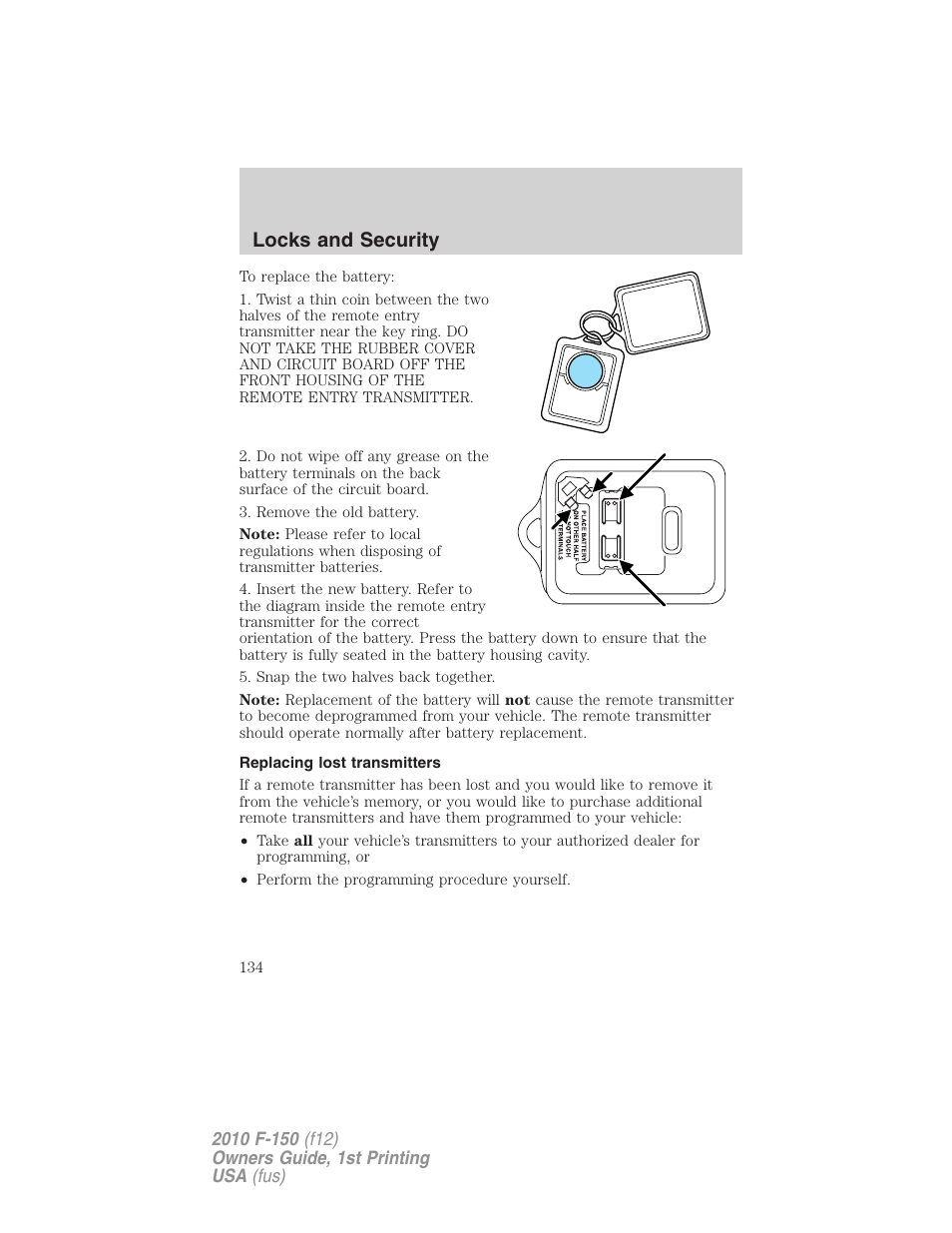 Replacing lost transmitters, Locks and security | FORD 2010 F-150 v.1 User Manual | Page 134 / 419