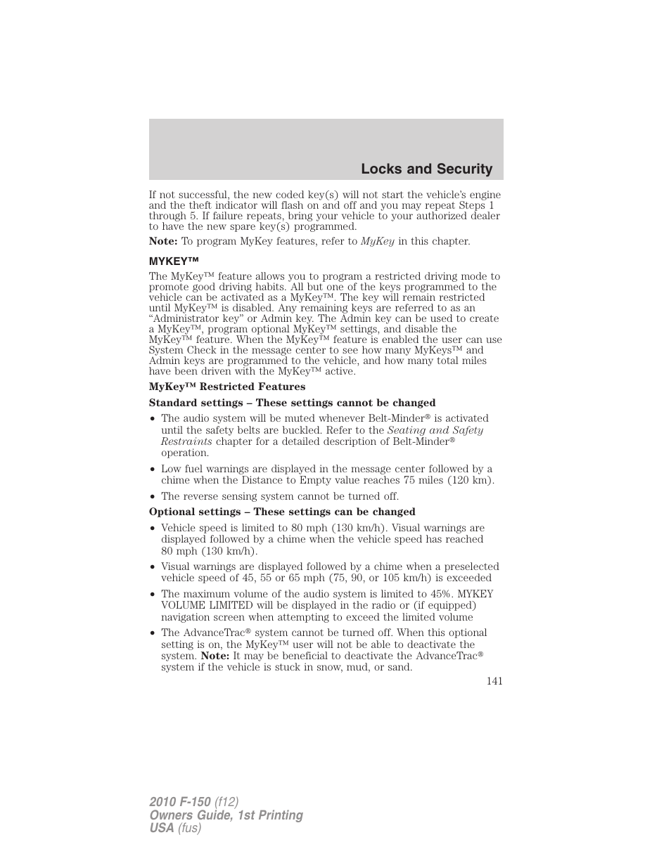 Mykey, Locks and security | FORD 2010 F-150 v.1 User Manual | Page 141 / 419