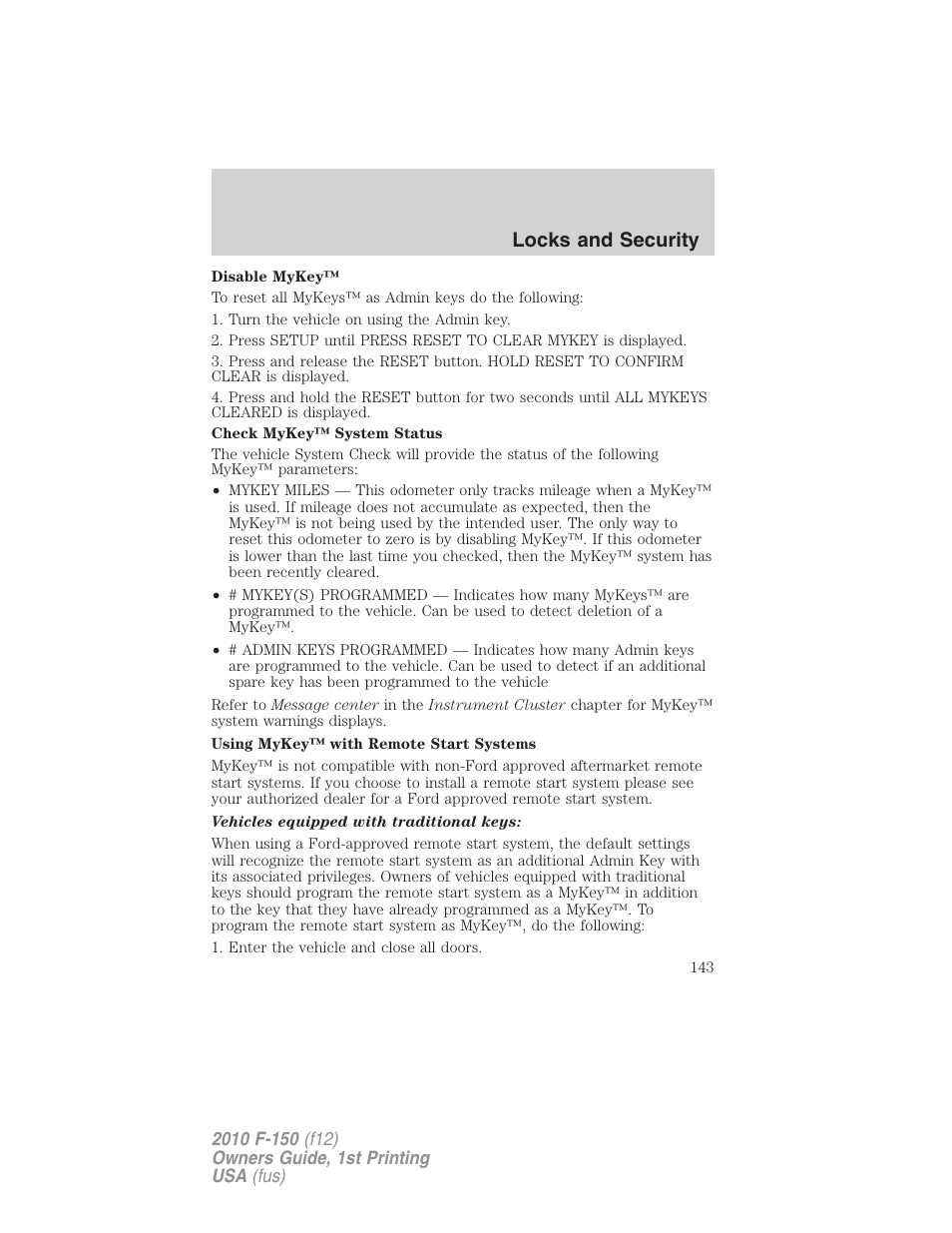 Locks and security | FORD 2010 F-150 v.1 User Manual | Page 143 / 419