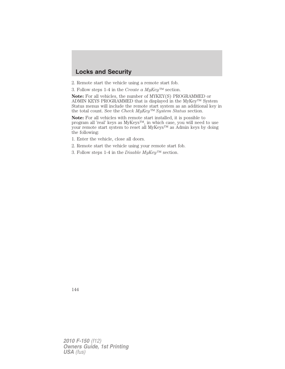 Locks and security | FORD 2010 F-150 v.1 User Manual | Page 144 / 419