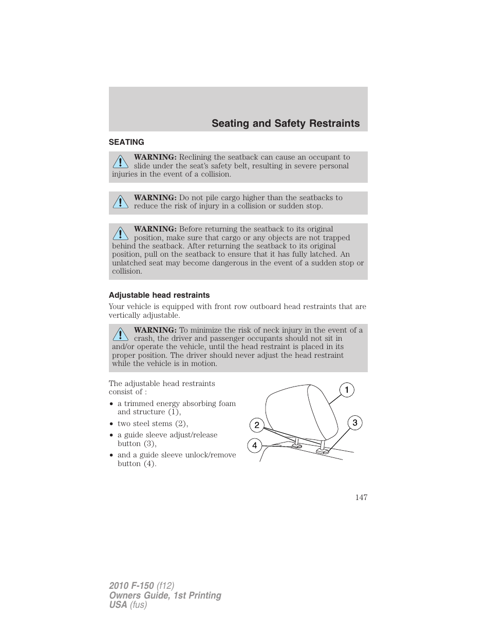 Seating and safety restraints, Seating, Adjustable head restraints | FORD 2010 F-150 v.1 User Manual | Page 147 / 419
