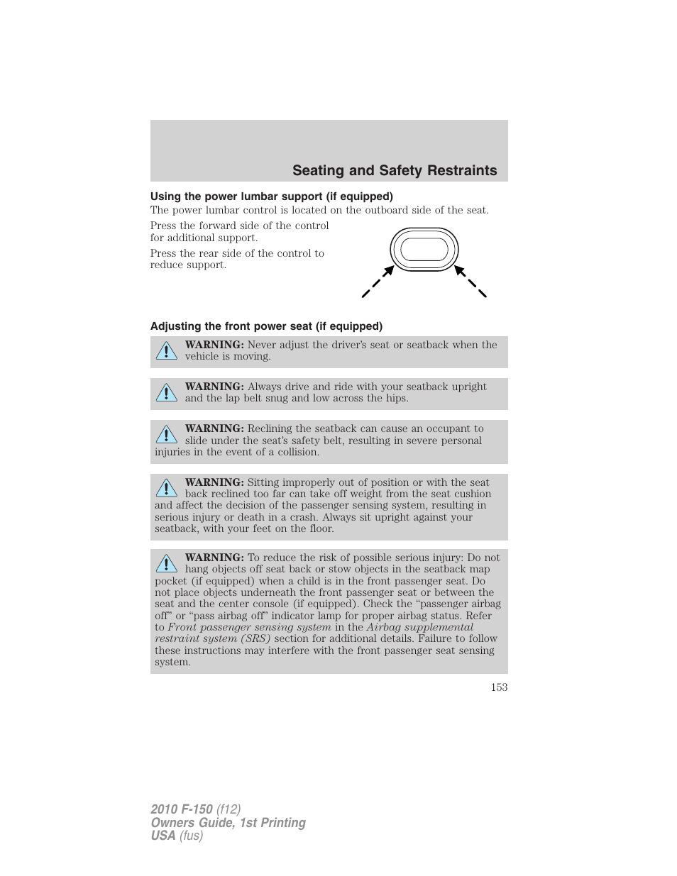 Using the power lumbar support (if equipped), Adjusting the front power seat (if equipped), Seating and safety restraints | FORD 2010 F-150 v.1 User Manual | Page 153 / 419