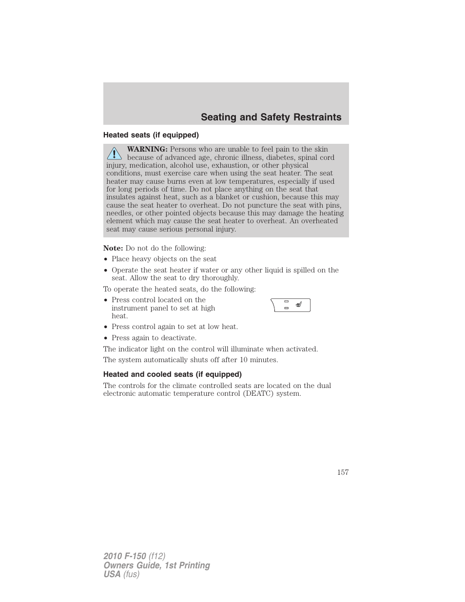 Heated seats (if equipped), Heated and cooled seats (if equipped), Seating and safety restraints | FORD 2010 F-150 v.1 User Manual | Page 157 / 419