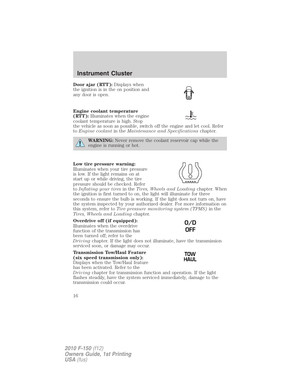 Instrument cluster | FORD 2010 F-150 v.1 User Manual | Page 16 / 419