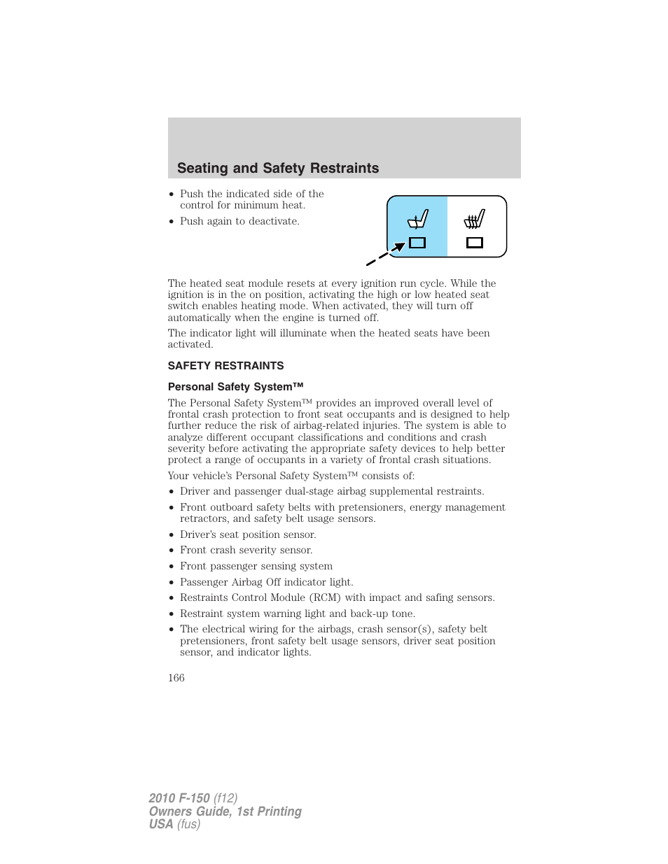 Safety restraints, Personal safety system, Seating and safety restraints | FORD 2010 F-150 v.1 User Manual | Page 166 / 419