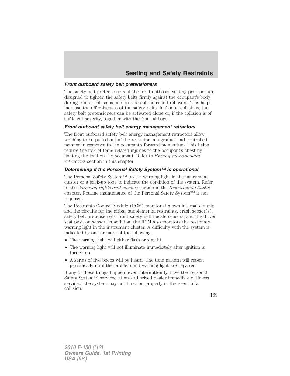 Front outboard safety belt pretensioners, Seating and safety restraints | FORD 2010 F-150 v.1 User Manual | Page 169 / 419
