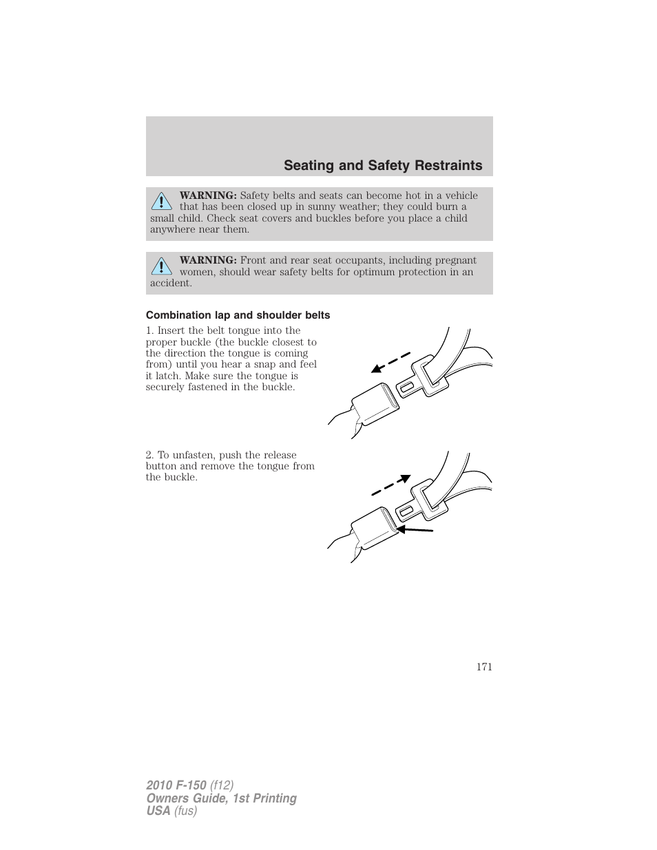 Combination lap and shoulder belts, Seating and safety restraints | FORD 2010 F-150 v.1 User Manual | Page 171 / 419