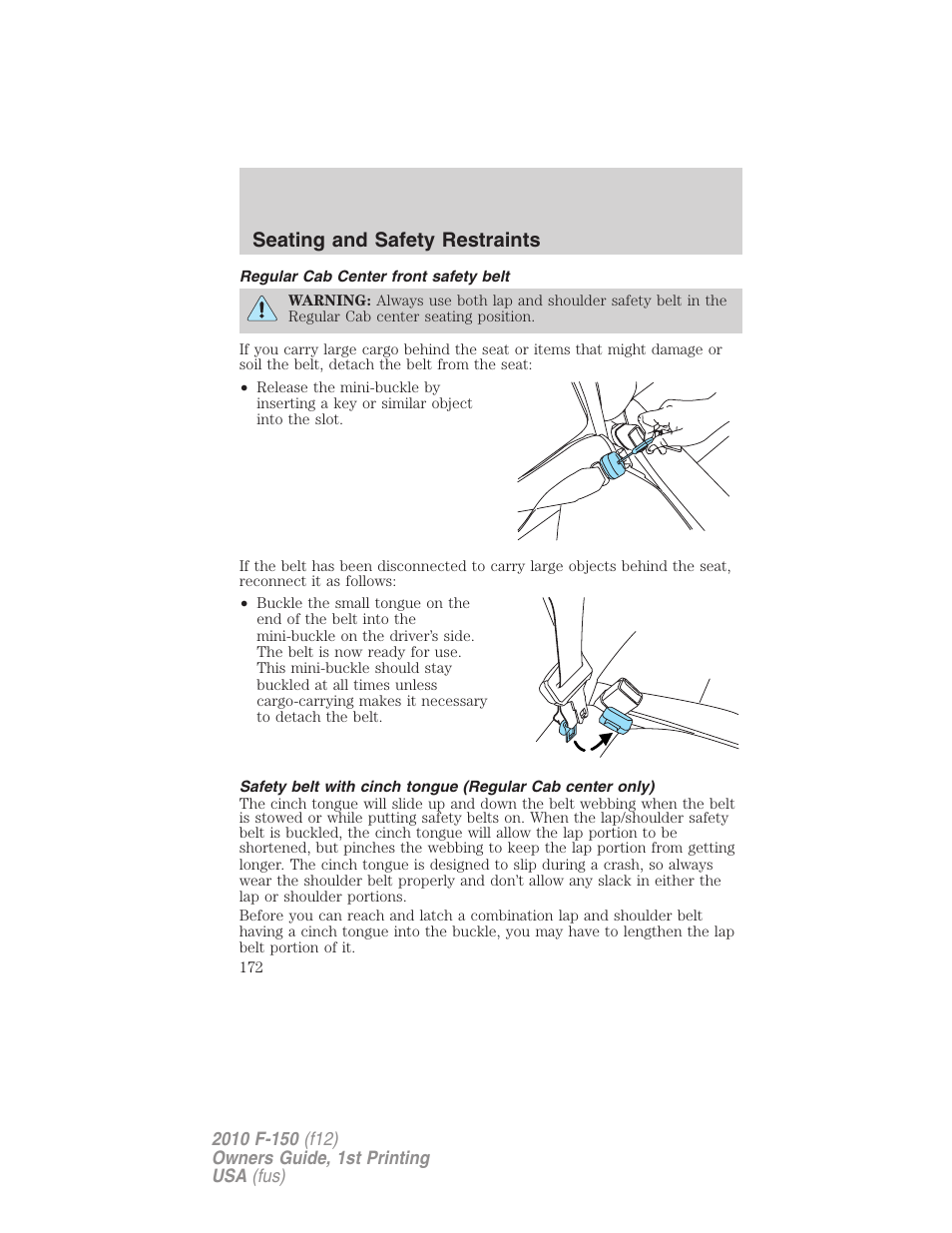 Regular cab center front safety belt, Seating and safety restraints | FORD 2010 F-150 v.1 User Manual | Page 172 / 419