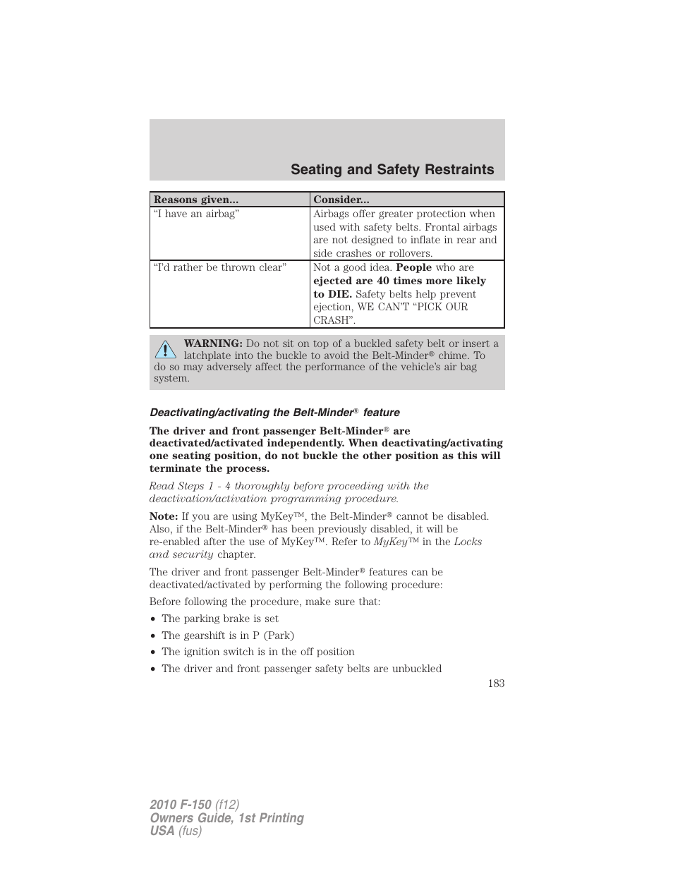 Deactivating/activating the belt-minder feature, Seating and safety restraints | FORD 2010 F-150 v.1 User Manual | Page 183 / 419