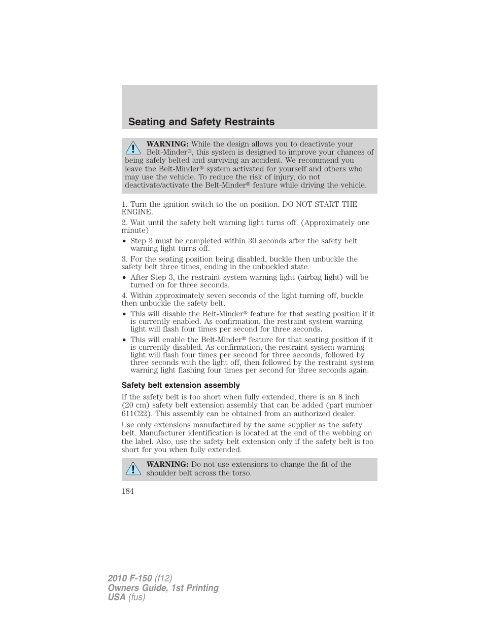 Safety belt extension assembly, Seating and safety restraints | FORD 2010 F-150 v.1 User Manual | Page 184 / 419