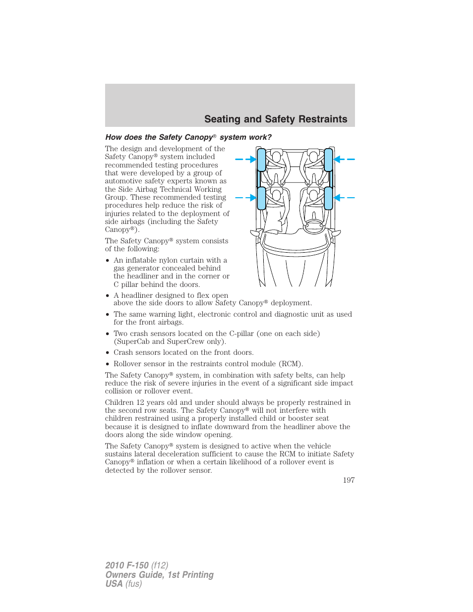 How does the safety canopy system work, Seating and safety restraints | FORD 2010 F-150 v.1 User Manual | Page 197 / 419