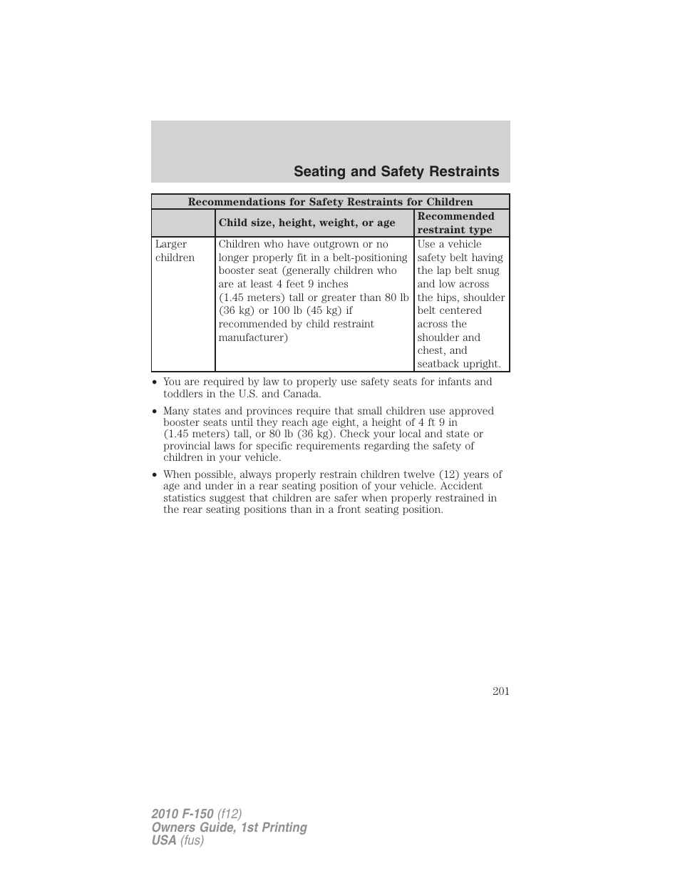 Seating and safety restraints | FORD 2010 F-150 v.1 User Manual | Page 201 / 419