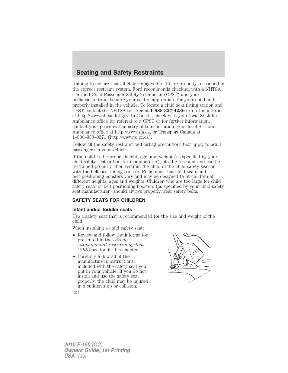 Safety seats for children, Infant and/or toddler seats, Seating and safety restraints | FORD 2010 F-150 v.1 User Manual | Page 204 / 419