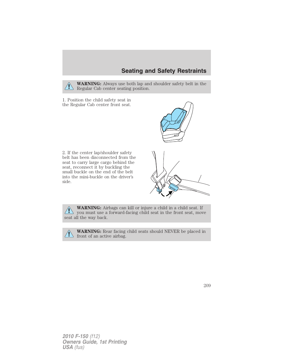 Seating and safety restraints | FORD 2010 F-150 v.1 User Manual | Page 209 / 419
