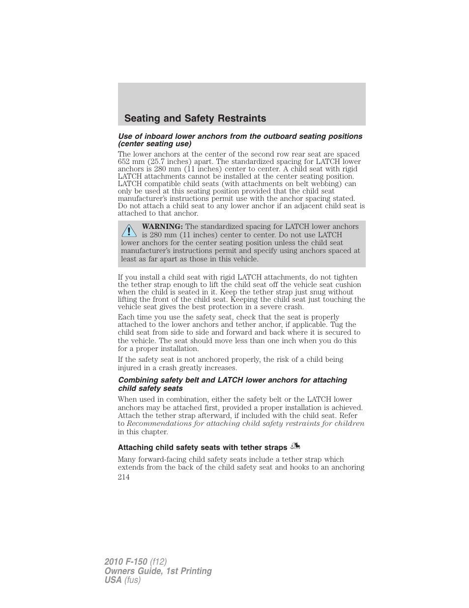 Attaching child safety seats with tether straps, Seating and safety restraints | FORD 2010 F-150 v.1 User Manual | Page 214 / 419
