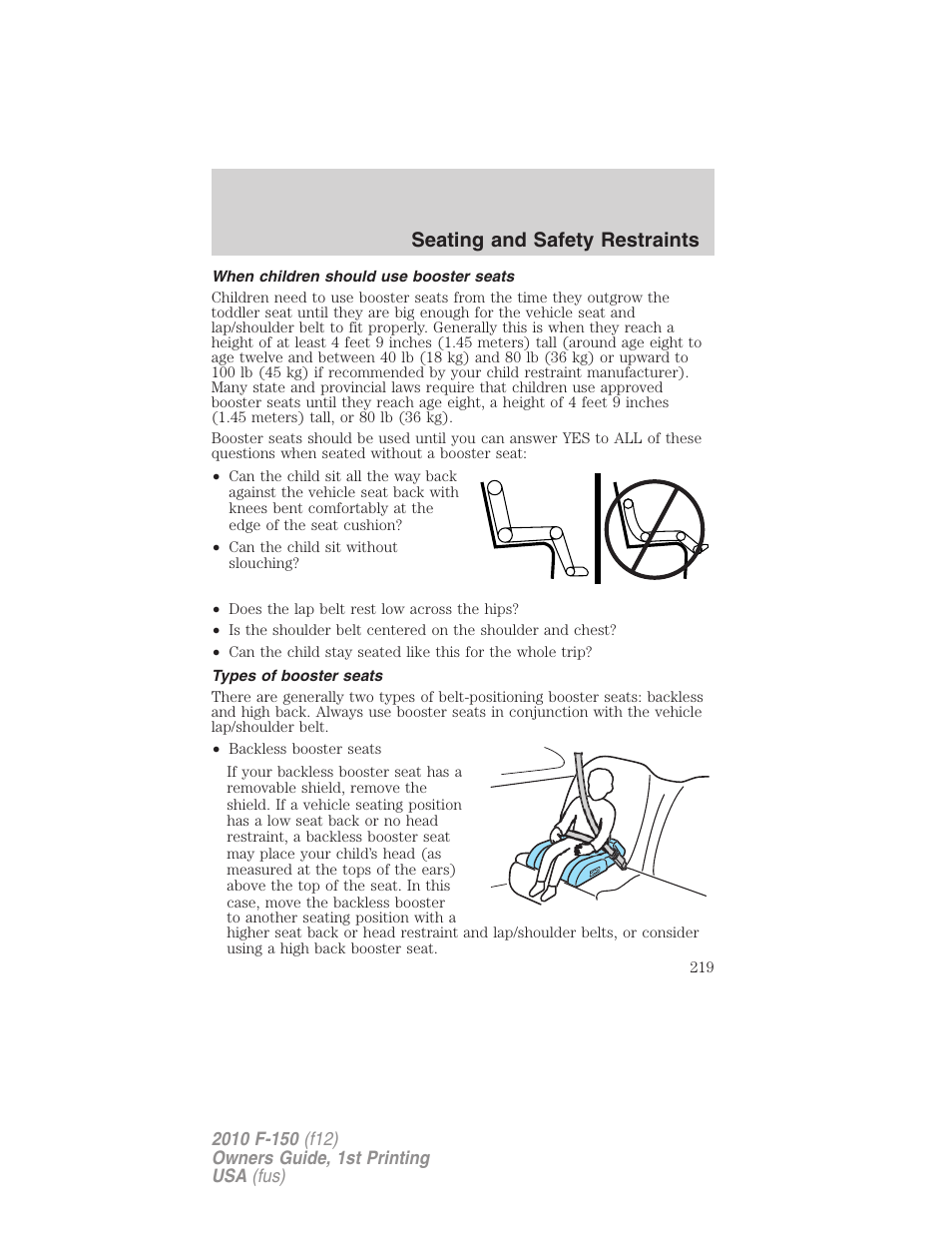 When children should use booster seats, Types of booster seats, Seating and safety restraints | FORD 2010 F-150 v.1 User Manual | Page 219 / 419