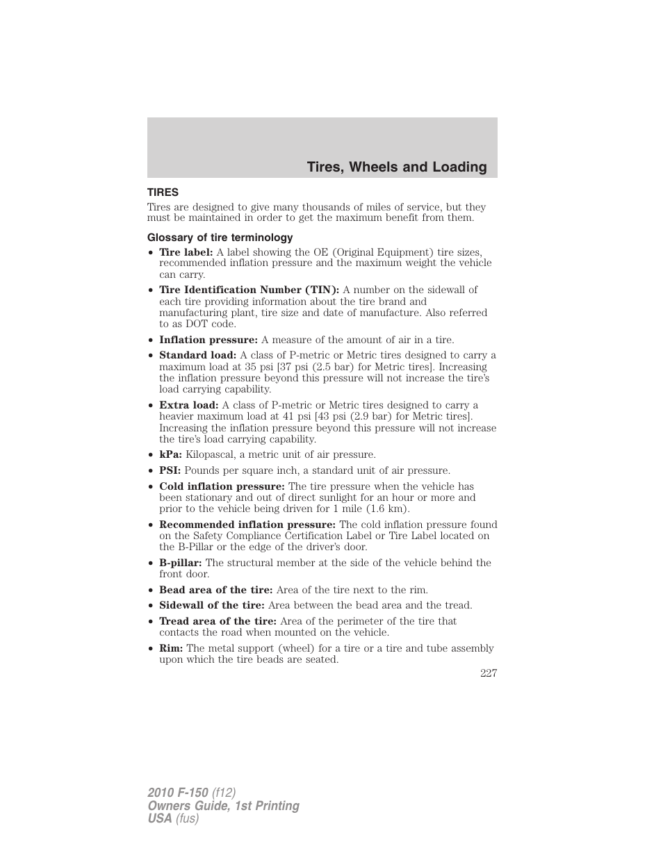 Tires, Glossary of tire terminology, Tires, wheels and loading | FORD 2010 F-150 v.1 User Manual | Page 227 / 419