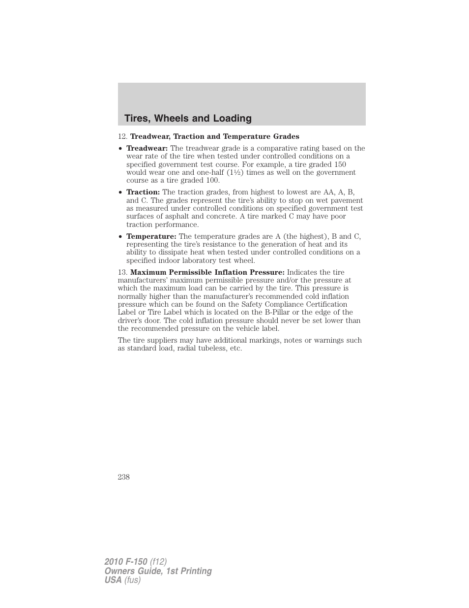 Tires, wheels and loading | FORD 2010 F-150 v.1 User Manual | Page 238 / 419