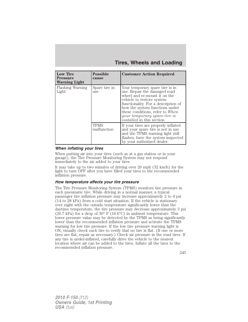 When inflating your tires, How temperature affects your tire pressure, Tires, wheels and loading | FORD 2010 F-150 v.1 User Manual | Page 245 / 419