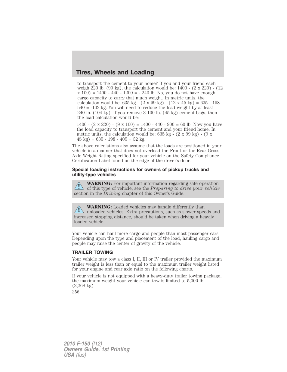 Trailer towing, Tires, wheels and loading | FORD 2010 F-150 v.1 User Manual | Page 256 / 419