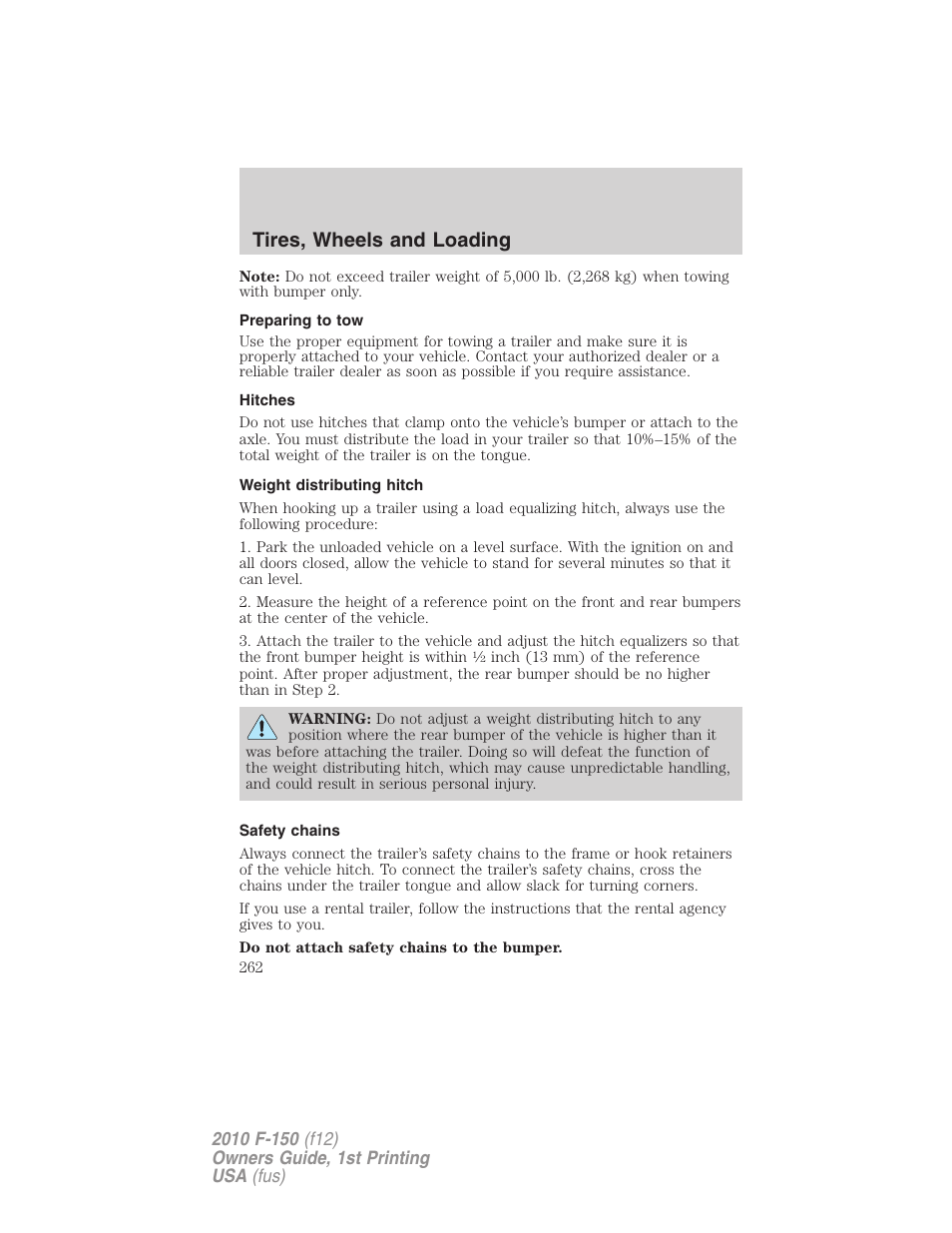 Preparing to tow, Hitches, Weight distributing hitch | Safety chains, Tires, wheels and loading | FORD 2010 F-150 v.1 User Manual | Page 262 / 419