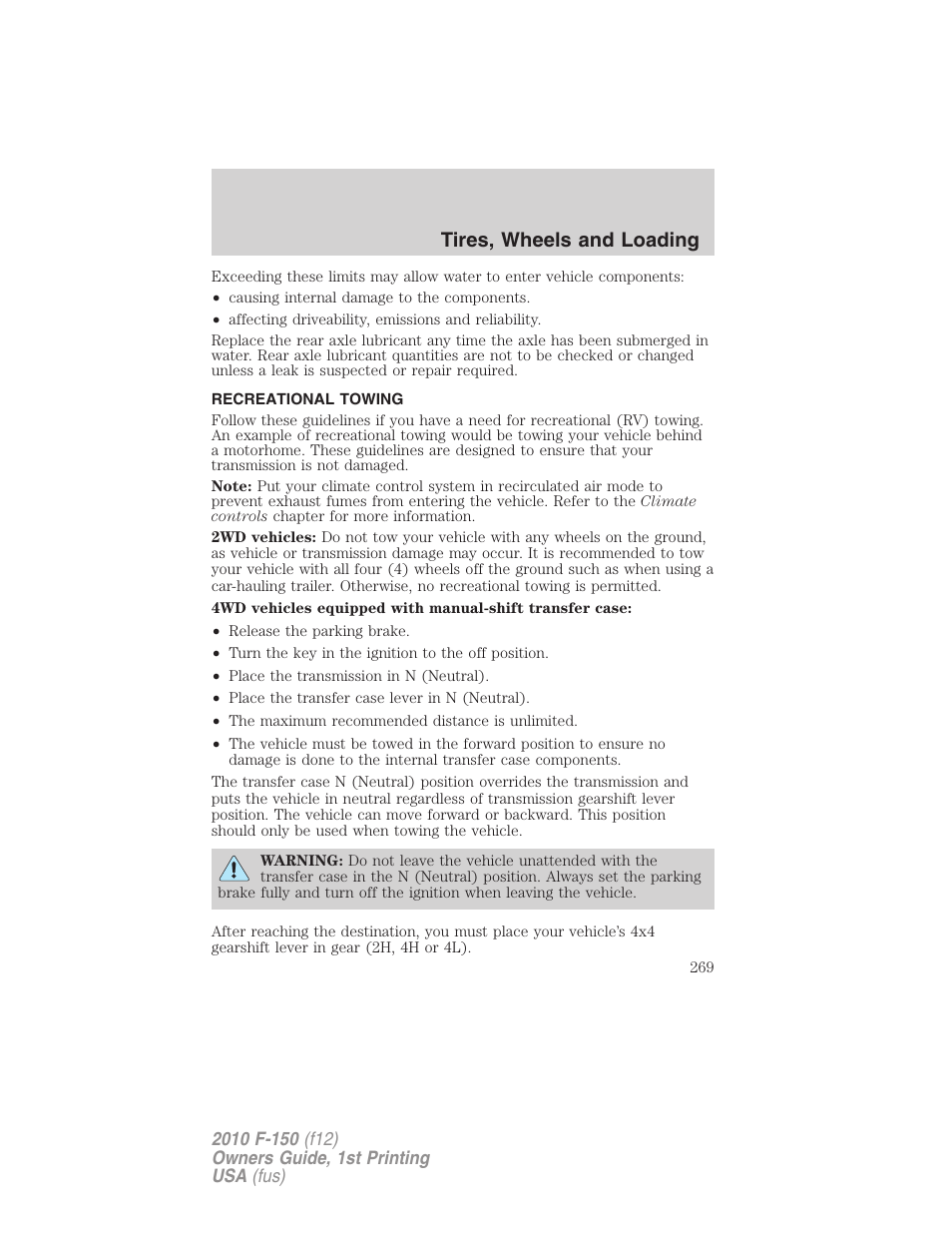 Recreational towing, Tires, wheels and loading | FORD 2010 F-150 v.1 User Manual | Page 269 / 419