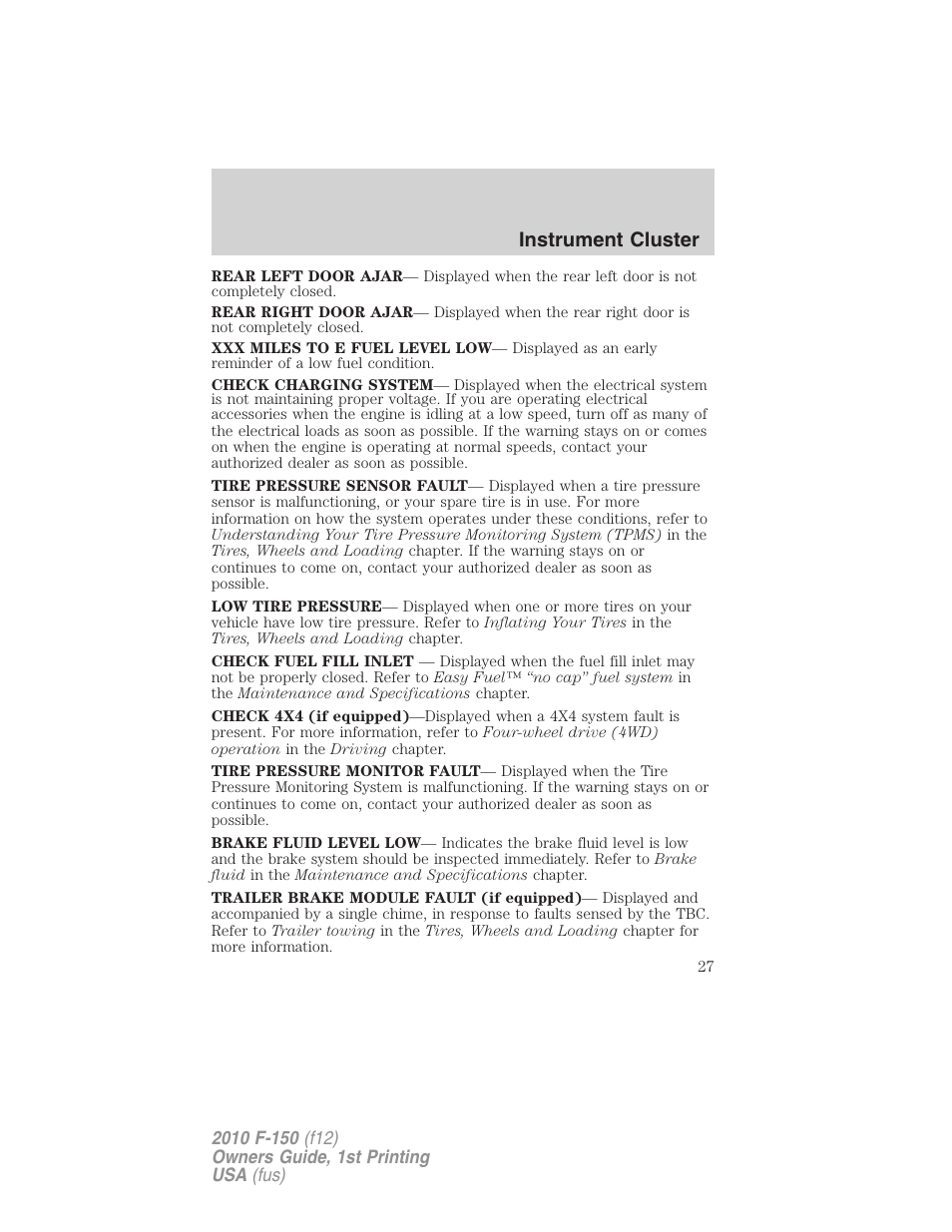 Instrument cluster | FORD 2010 F-150 v.1 User Manual | Page 27 / 419
