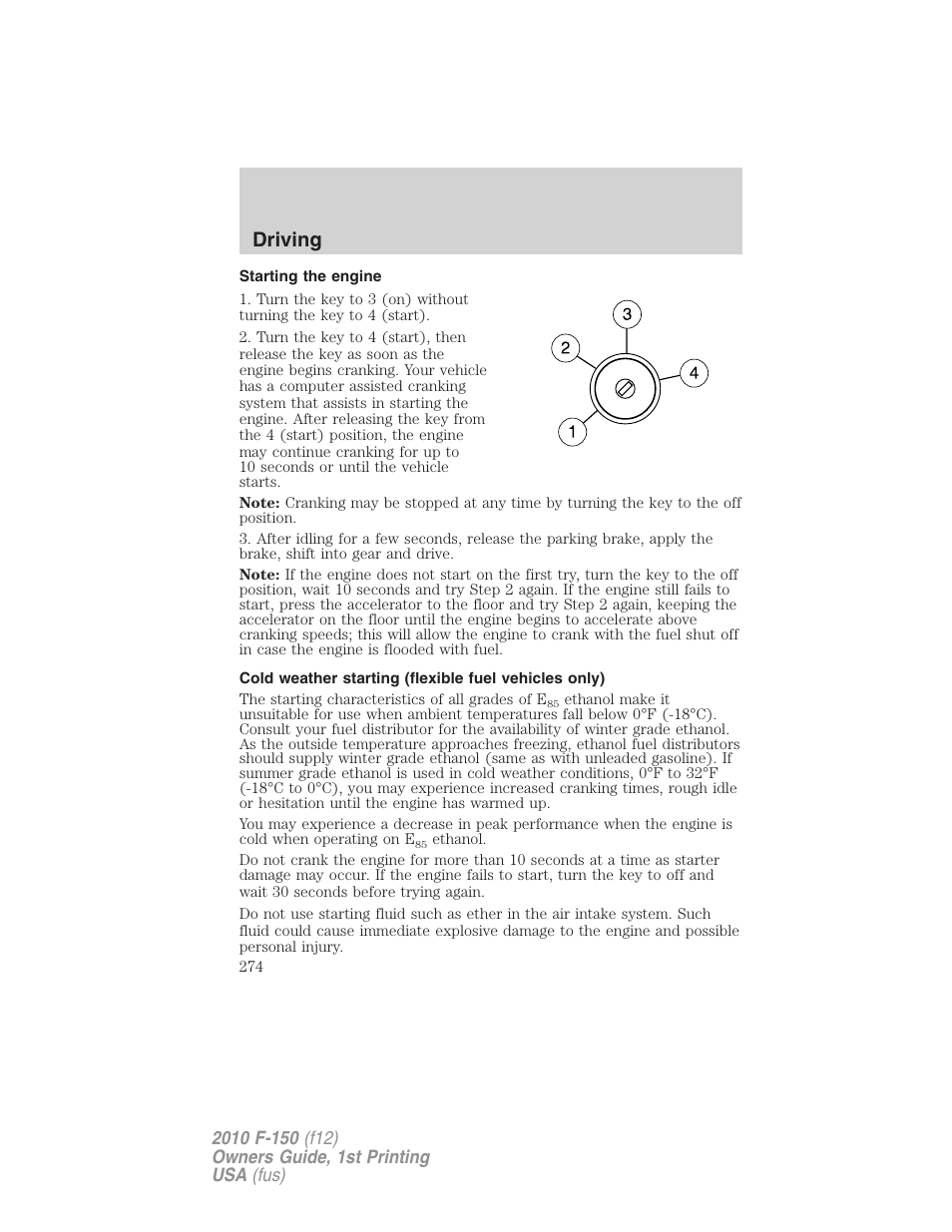 Starting the engine, Driving | FORD 2010 F-150 v.1 User Manual | Page 274 / 419