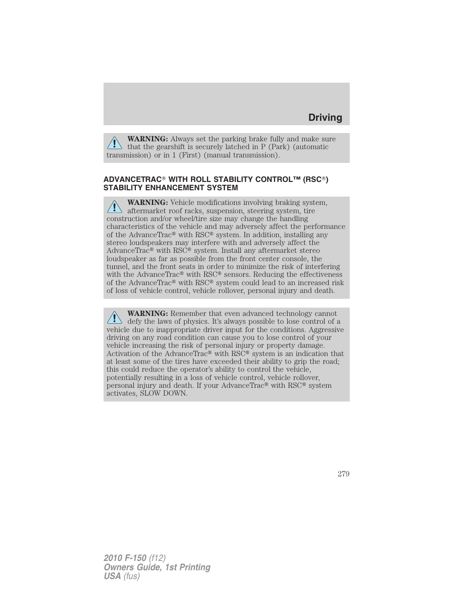 Advancetrac, Driving | FORD 2010 F-150 v.1 User Manual | Page 279 / 419