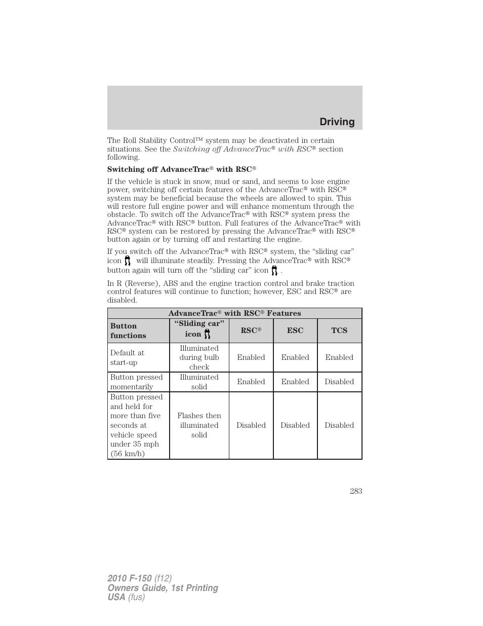 Driving | FORD 2010 F-150 v.1 User Manual | Page 283 / 419