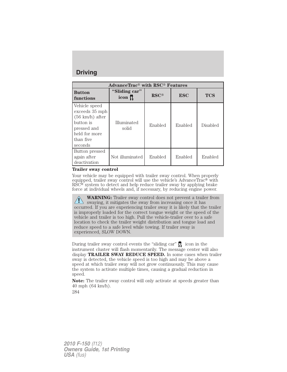 Driving | FORD 2010 F-150 v.1 User Manual | Page 284 / 419
