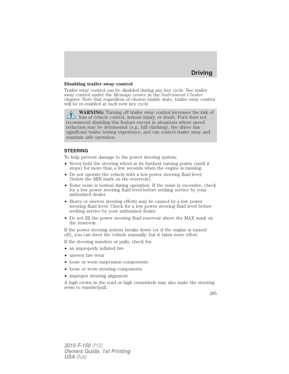 Steering, Driving | FORD 2010 F-150 v.1 User Manual | Page 285 / 419