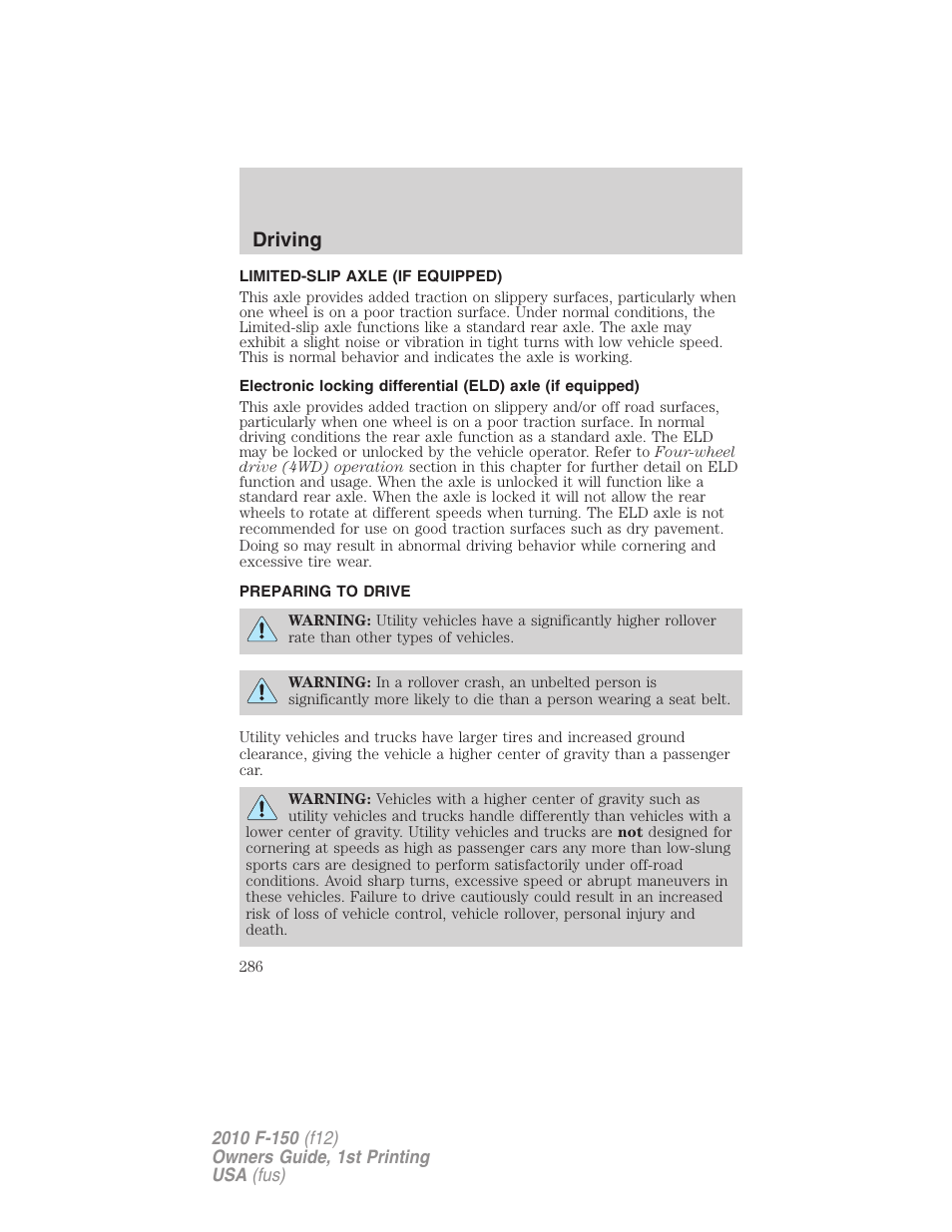 Limited-slip axle (if equipped), Preparing to drive, Driving | FORD 2010 F-150 v.1 User Manual | Page 286 / 419