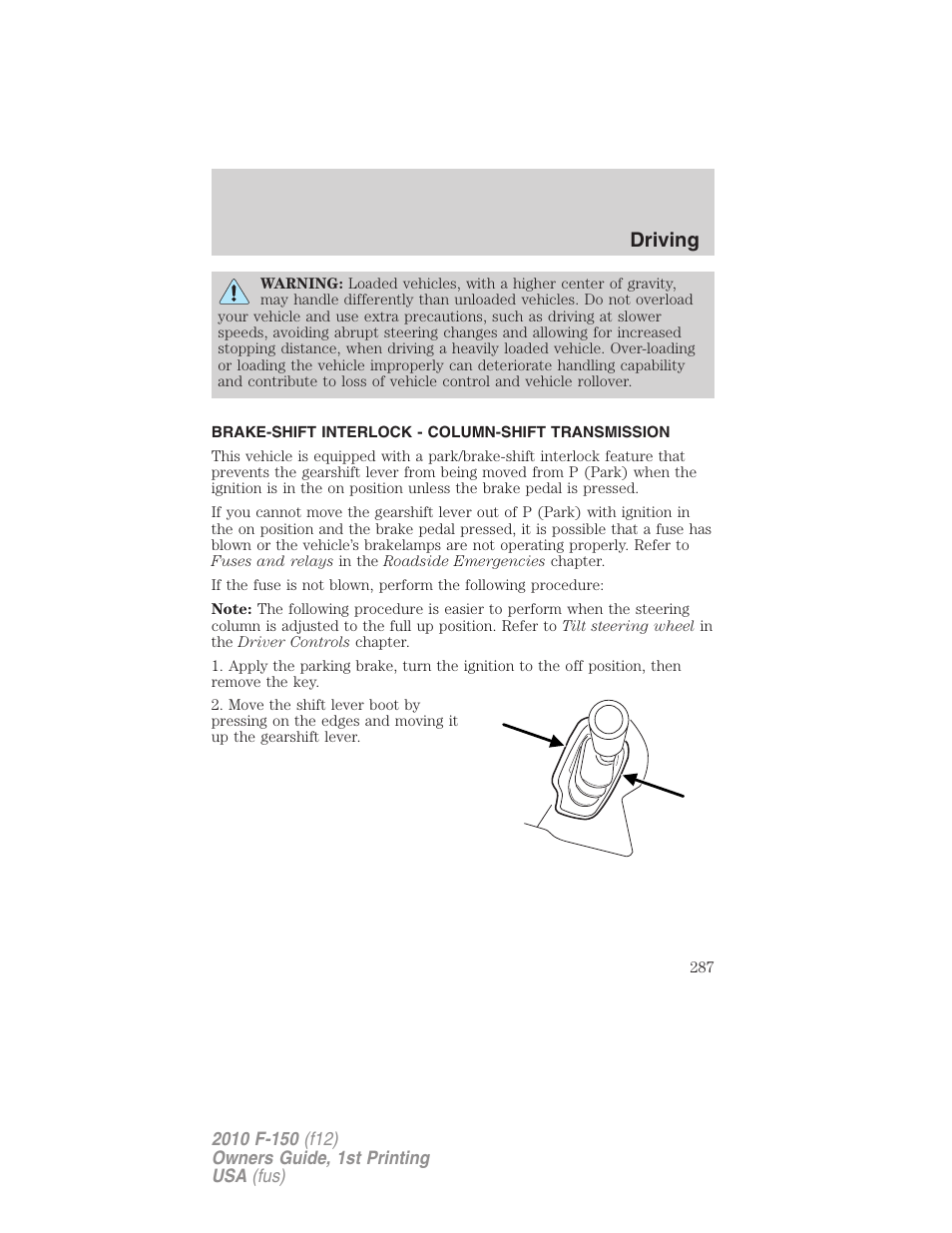 Brake-shift interlock - column-shift transmission, Driving | FORD 2010 F-150 v.1 User Manual | Page 287 / 419