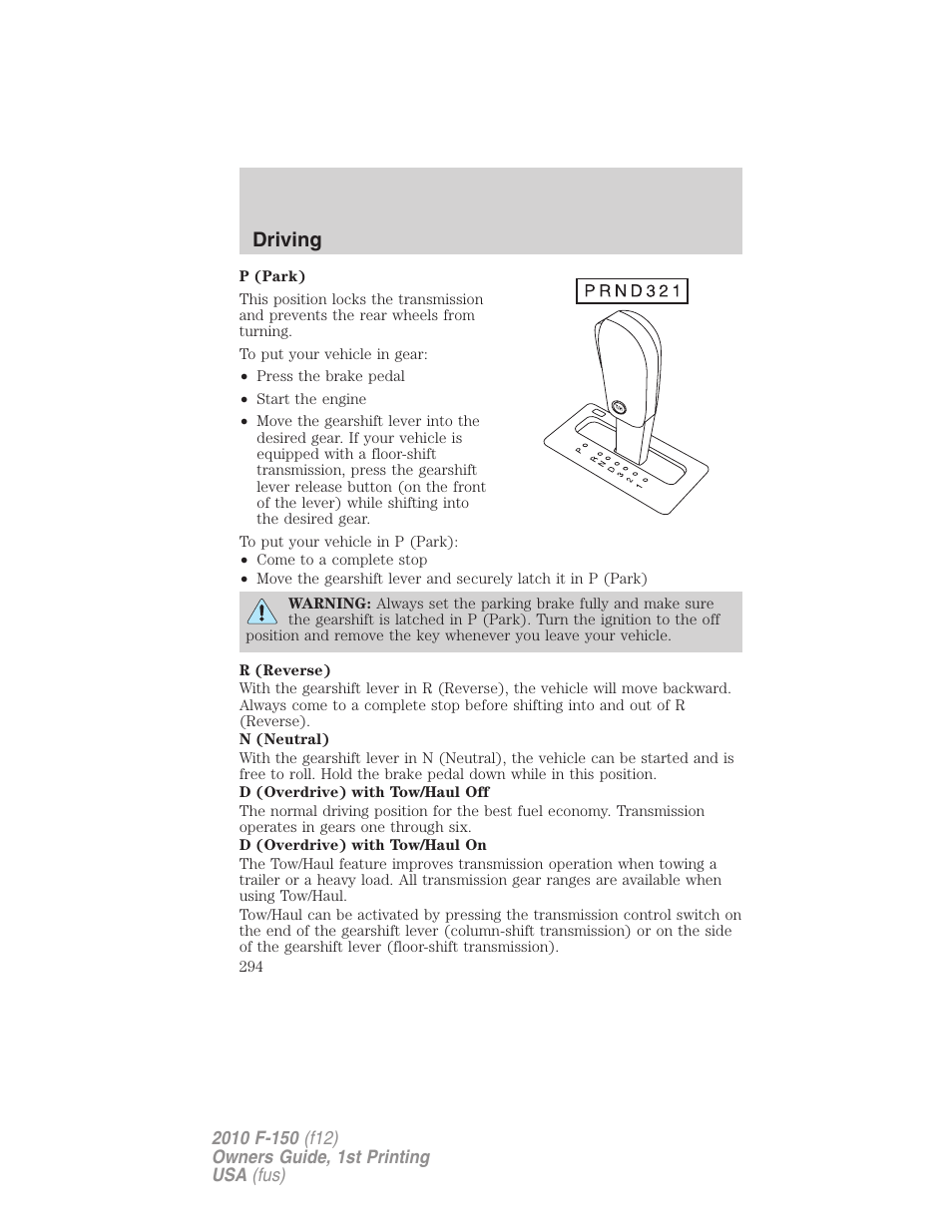 Driving | FORD 2010 F-150 v.1 User Manual | Page 294 / 419