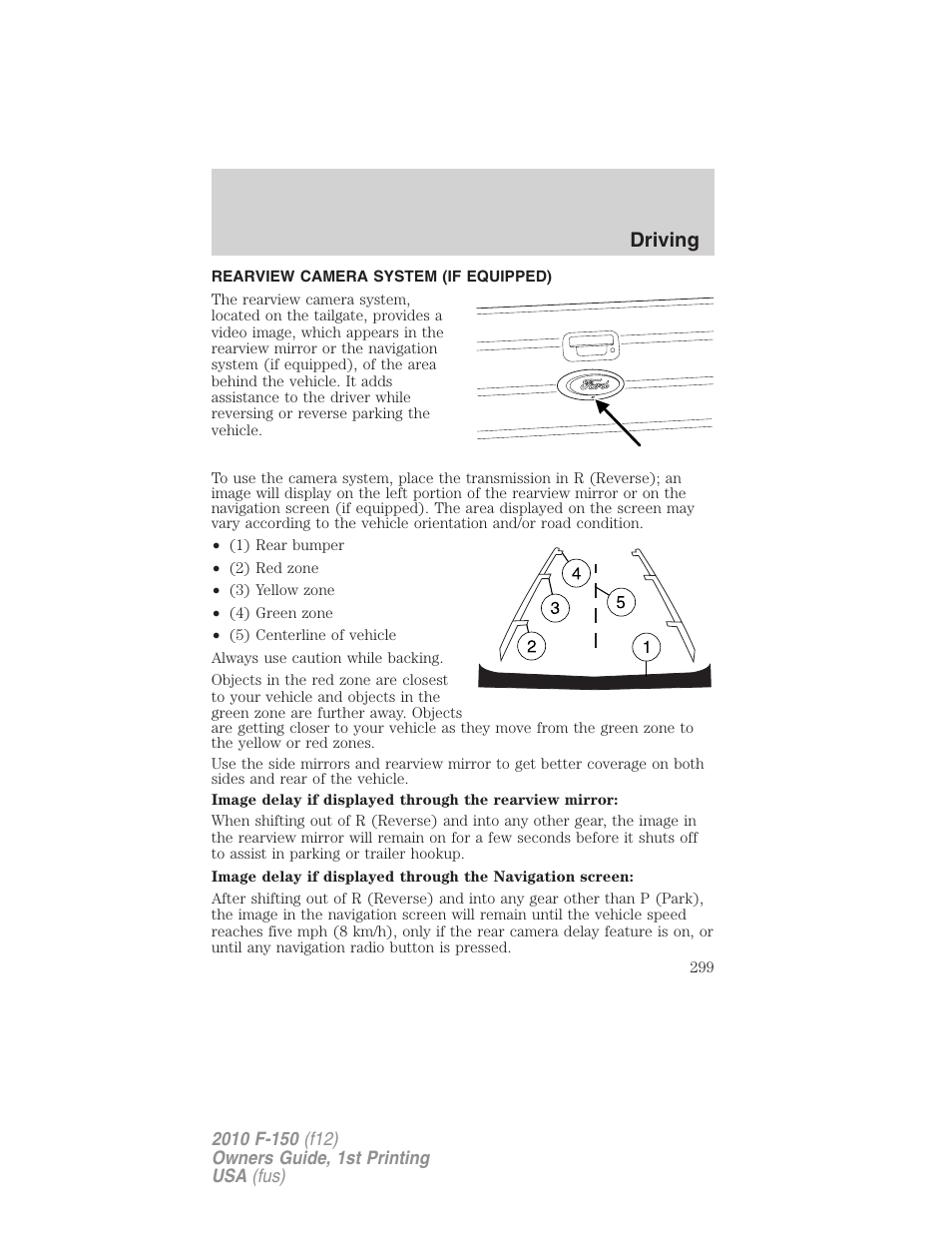 Rearview camera system (if equipped), Rear-view camera system, Driving | FORD 2010 F-150 v.1 User Manual | Page 299 / 419