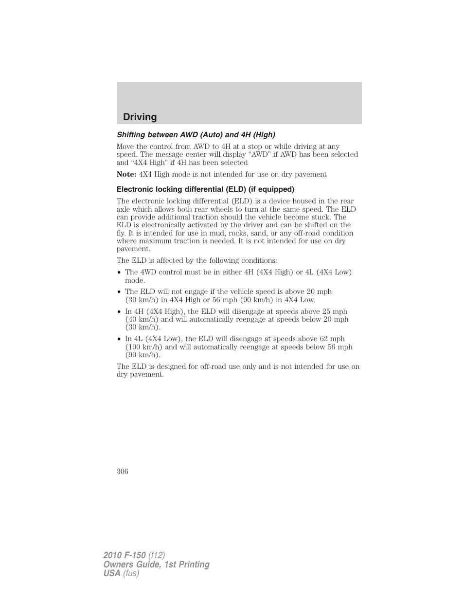 Shifting between awd (auto) and 4h (high), Driving | FORD 2010 F-150 v.1 User Manual | Page 306 / 419