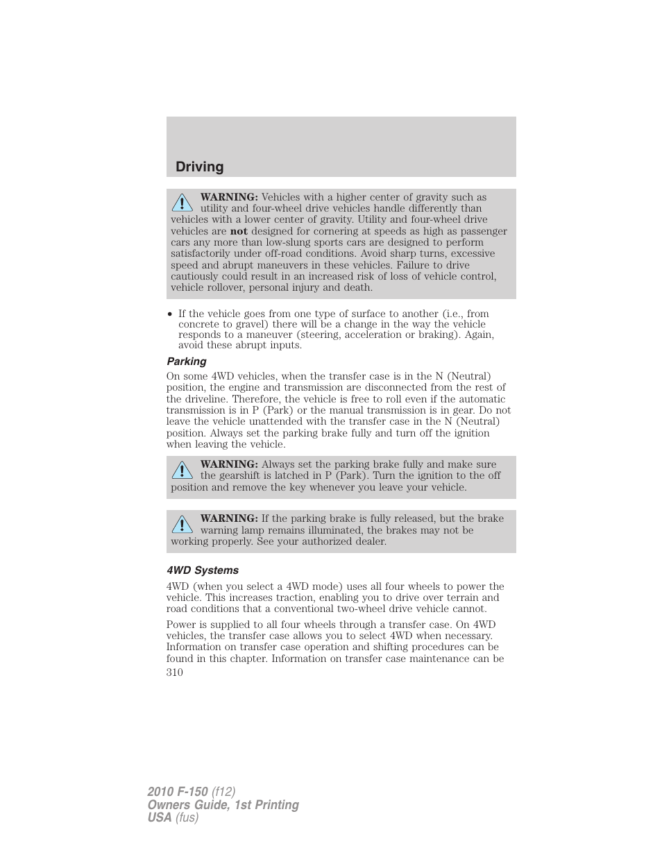 Parking, 4wd systems, Driving | FORD 2010 F-150 v.1 User Manual | Page 310 / 419