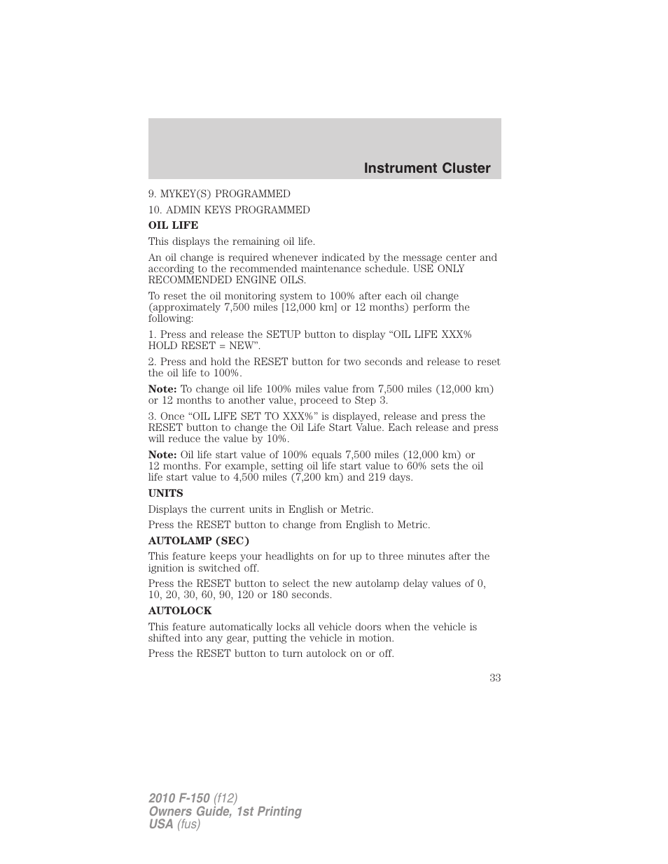 Instrument cluster | FORD 2010 F-150 v.1 User Manual | Page 33 / 419