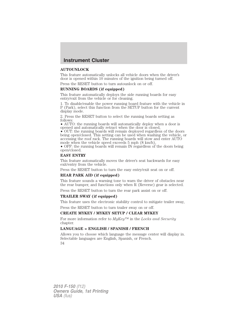 Instrument cluster | FORD 2010 F-150 v.1 User Manual | Page 34 / 419
