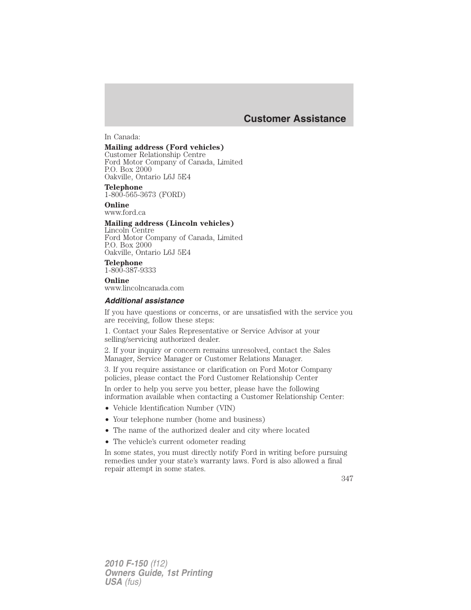 Additional assistance, Customer assistance | FORD 2010 F-150 v.1 User Manual | Page 347 / 419