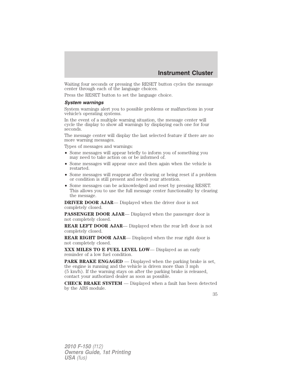 System warnings, Instrument cluster | FORD 2010 F-150 v.1 User Manual | Page 35 / 419