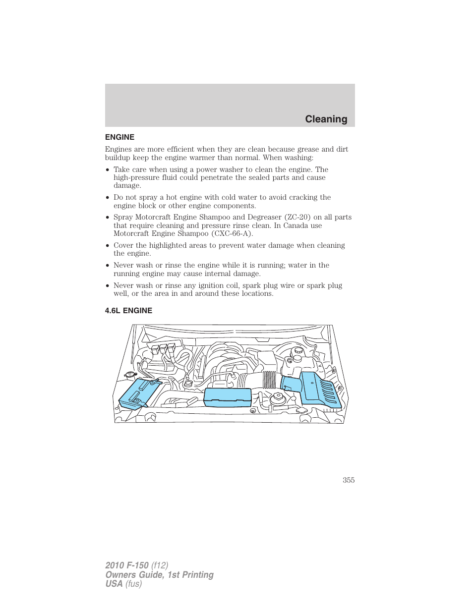 Engine, 6l engine, Cleaning | FORD 2010 F-150 v.1 User Manual | Page 355 / 419