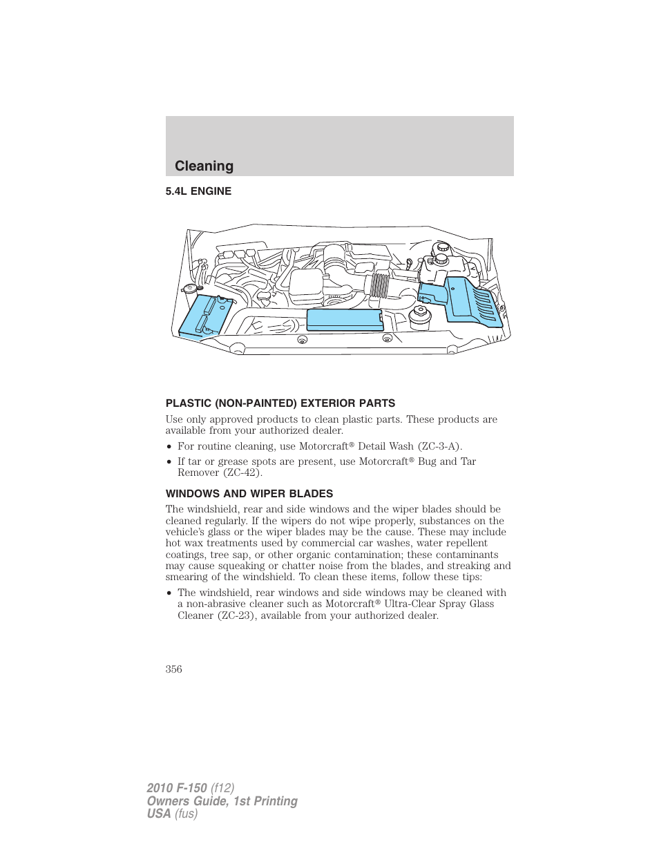 4l engine, Plastic (non-painted) exterior parts, Windows and wiper blades | Cleaning | FORD 2010 F-150 v.1 User Manual | Page 356 / 419