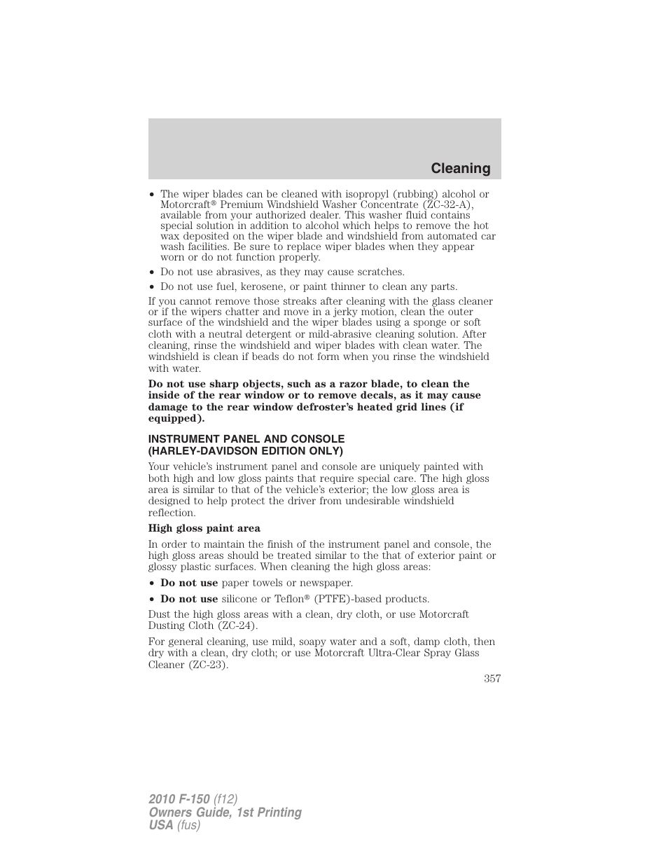 Cleaning | FORD 2010 F-150 v.1 User Manual | Page 357 / 419