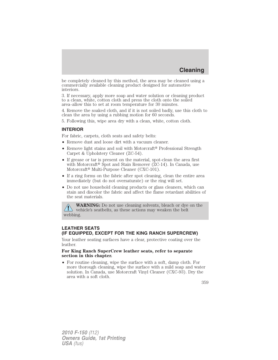 Interior, Cleaning | FORD 2010 F-150 v.1 User Manual | Page 359 / 419